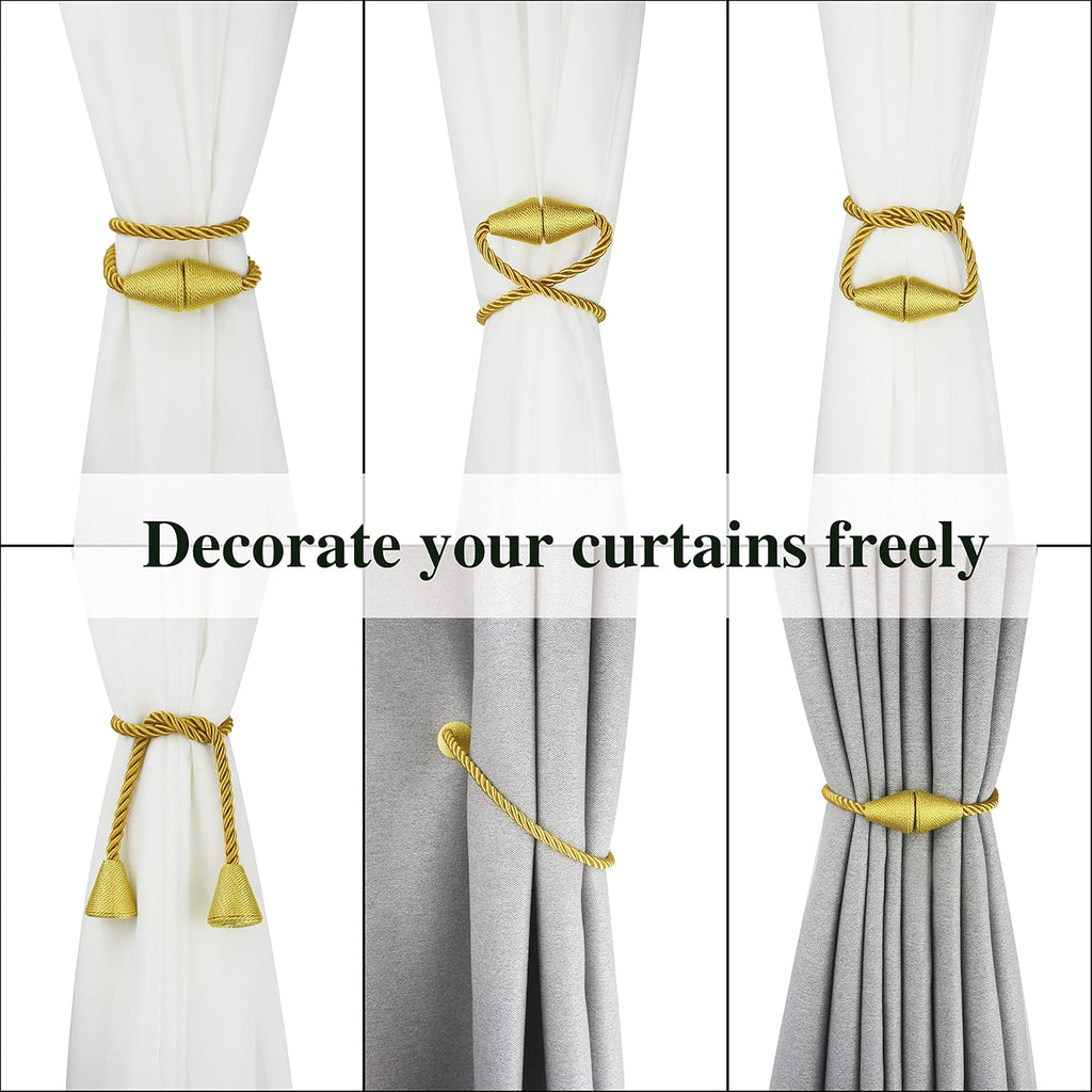 6 Pack Magnetic Curtain Tiebacks Rope Modern Handmade Curtain Tie Backs Decorative Drapes Weave Holdbacks for Window Décor, Gold