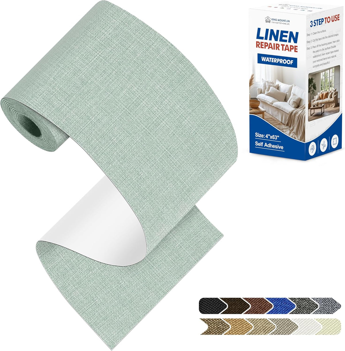 KING MOUNTAIN Linen Repair Patches, Self-Adhesive Fabric Patches, 4 X 63 inch Extra Size, Multi Color, Can be Used for Sofa Repair and Linen Clothes Repair (Light Green)
