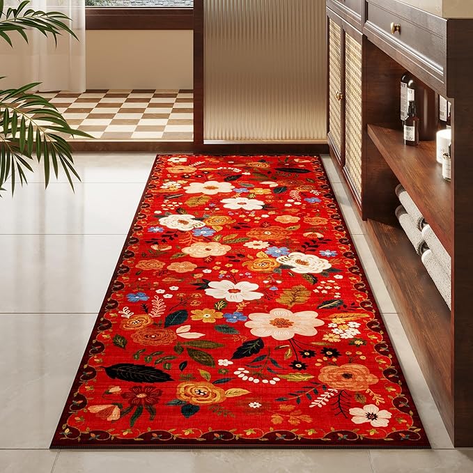 Rugcomf Runner Rug for Hallways Kitchen Rug Non Slip 2'x 6' Washable Runner Rugs with Rubber Backing Soft Floral Carpet Runner for Hallways, Kitchen, Laundry, Bedroom, Bathroom(Red)