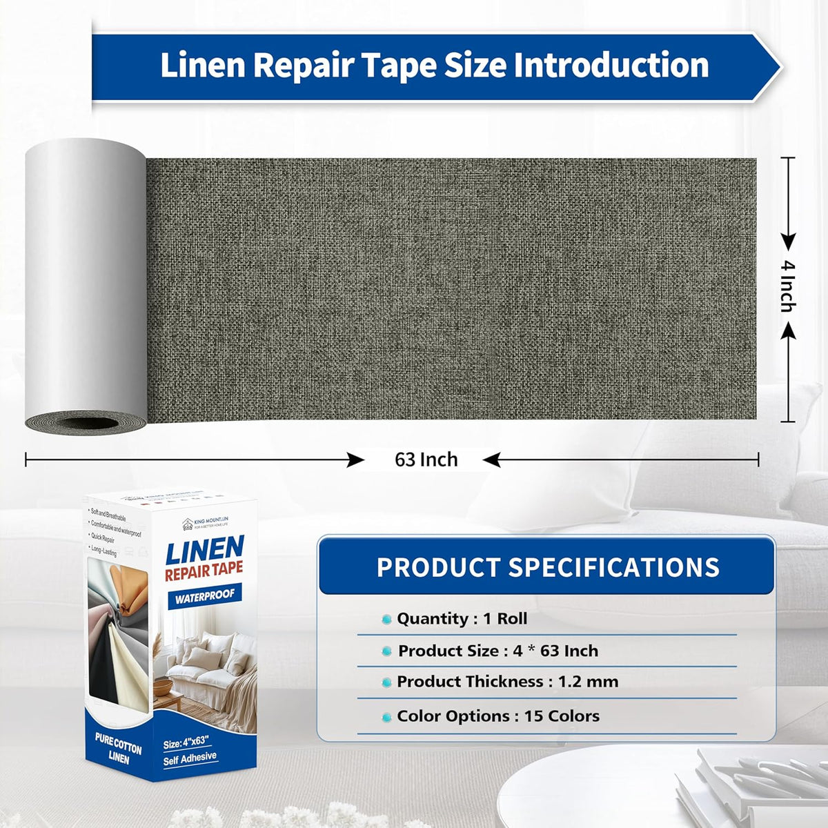 KING MOUNTAIN Linen Repair Patches, Self-Adhesive Fabric Patches, 4 X 63 inch Extra Size, Multi Color, Can be Used for Sofa Repair and Linen Clothes Repair (Dark Grey 1.0)