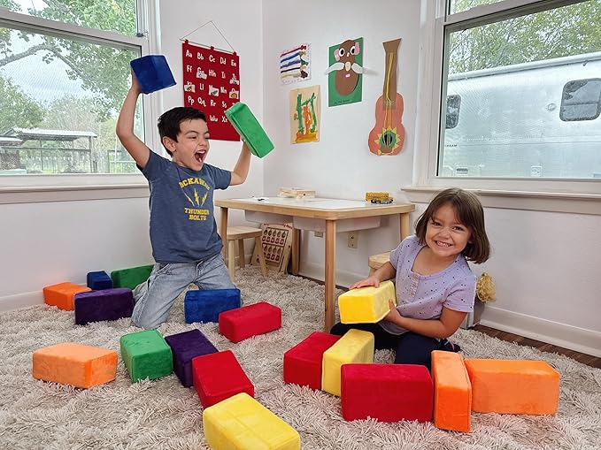 The Original Premium Plush Building Block for Kids - Certified Safe Foam Blocks in Luxuriously Soft Fabric Covers - Set of 24 (Classic Colors)