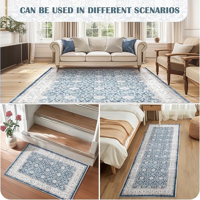 jinchan Floral 2x3 Rugs for Entryway - Machine Washable Dark Blue Vintage Distressed Boho Design Soft Faux Wool Small Non-Slip Doormat for Entrance Kitchen Living Room Bedroom (2‘x3',Dark Blue)