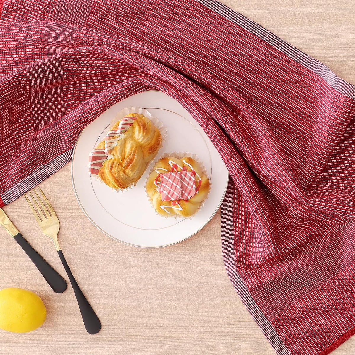 Homaxy Premium Kitchen Towels(18”x 28”, 6 Pack), Large Cotton Kitchen Hand Towels, Flat and Terry Dish Towels, 380 GSM Highly Absorbent Tea Towel Set with Hanging Loop, Red