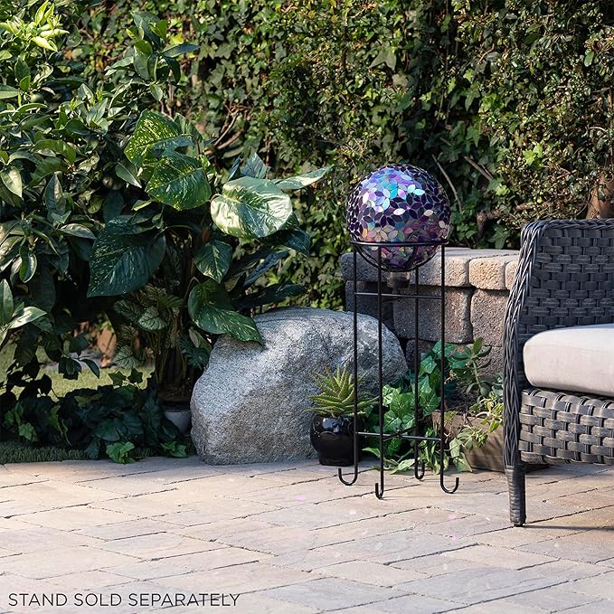 Alpine Corporation 10" Diameter Indoor/Outdoor Glass Mosaic Gazing Globe Yard Decoration, Purple Pearlized Petals Design