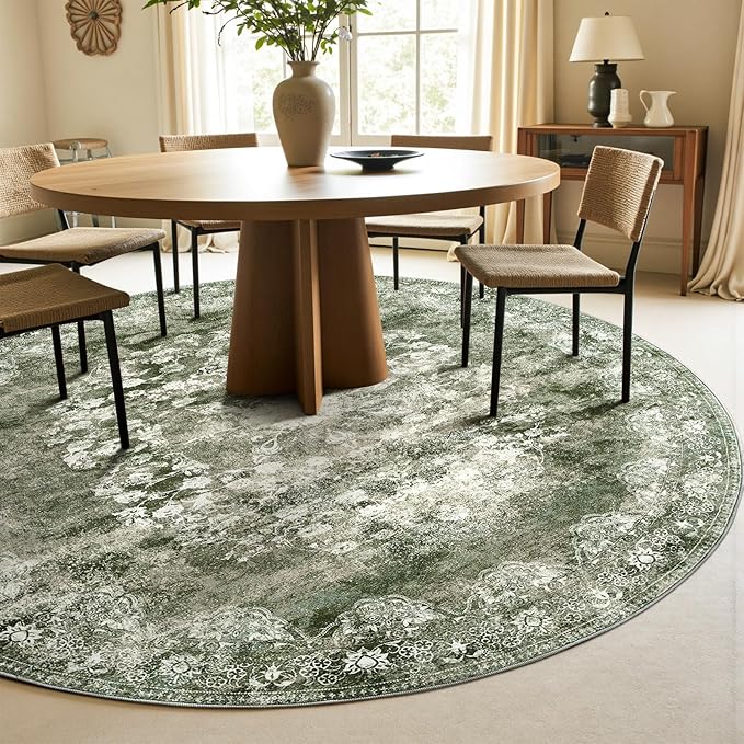 jinchan Round Rug 8ft Area Rug - Green Vintage Floor Mat Kitchen Indoor - Washable Circle 8' Thin Floral Print Carpet Retro Farmhouse Non Slip Dining Room Living Room Bedroom Office