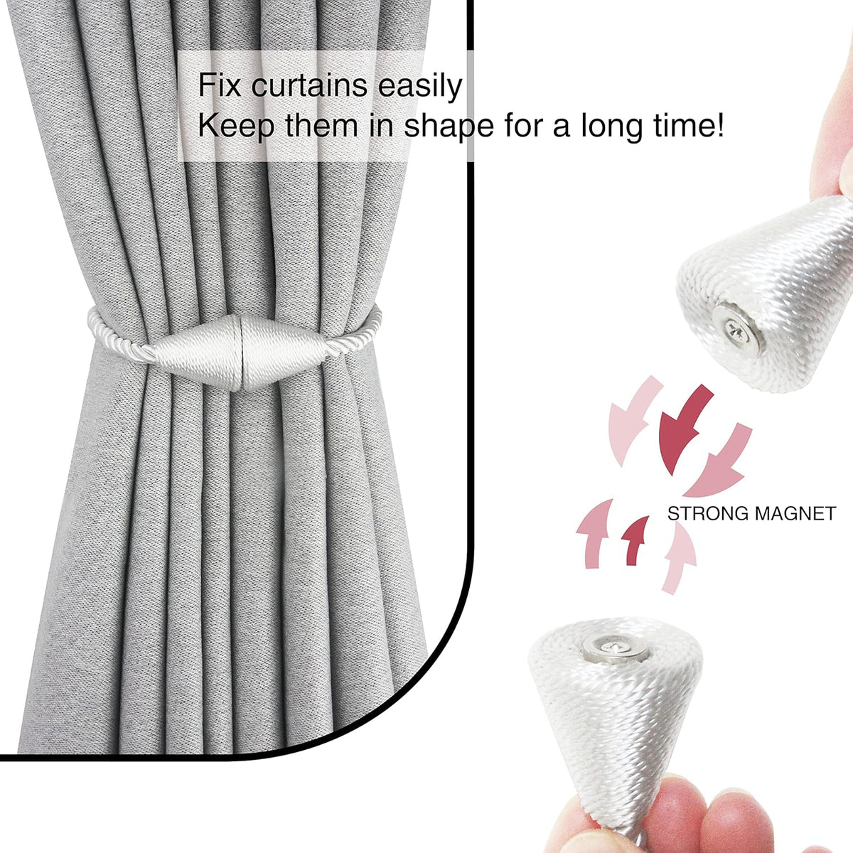 2 Pack Magnetic Curtain Tiebacks Rope Modern Handmade Curtain Tie Backs Decorative Drapes Weave Holdbacks for Window Décor, Silver