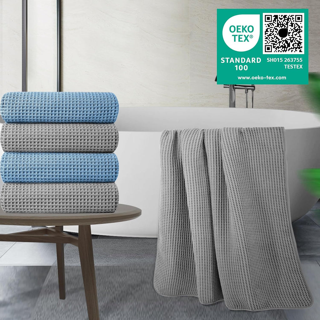 POLYTE Microfiber Oversize Quick Dry Lint Free Bath Towel, 60 x 30 in, 4 Pack (Waffle Weave)