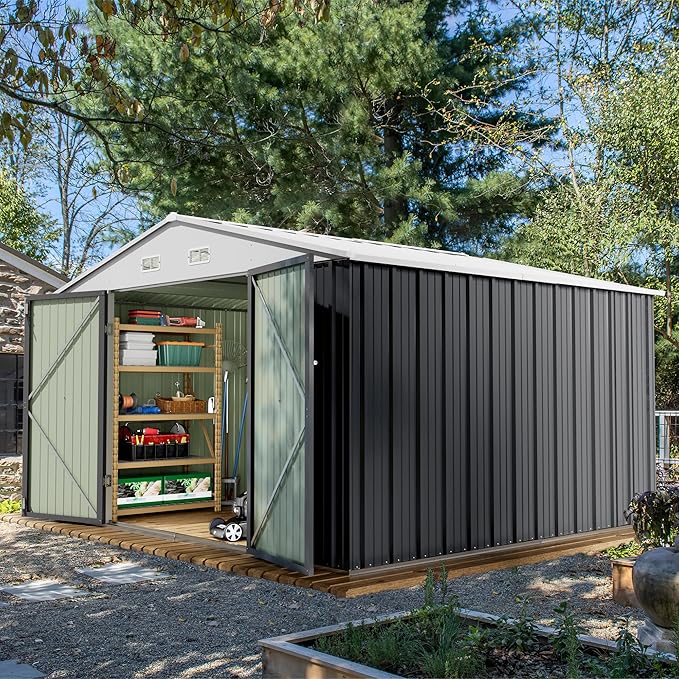 Devoko 10 x 10 FT Outdoor Storage Shed, Metal Garden Sheds & Outdoor Storage Clearance, Large Tool Shed Outdoor with Single Lockable Door for Patio Lawn Backyard (Gray)