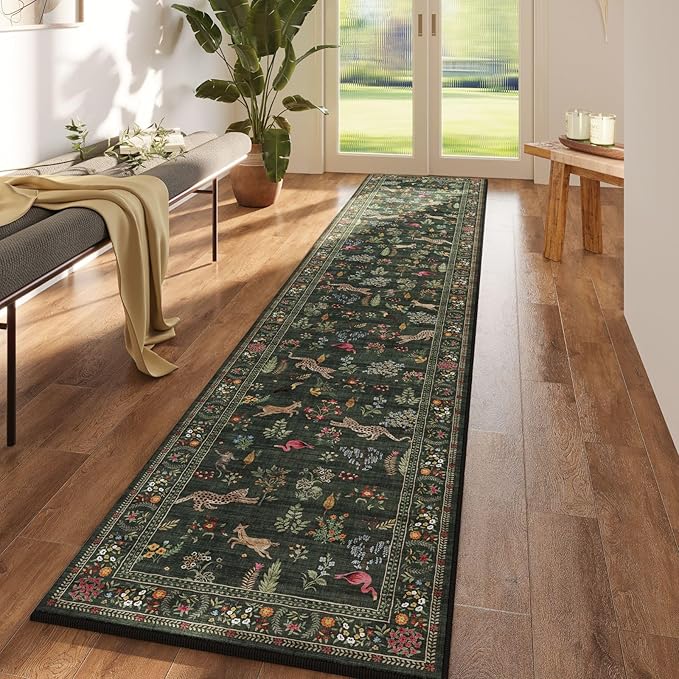 Rugcomf Runners for Kitchen Rug Non Slip 2'x10' Long Washable Rugs with Rubber Backing Soft Floral Animal Carpet Runner for Kitchen, Laundry, Bedroom, Bathroom (Green)