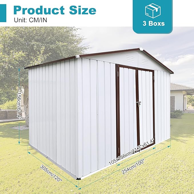 Sheds & Outdoor Storage 8 ft × 10 ft Storage Shed Large Classic Apex Roof Metal Garden Storage Sheds with Hinged Door Tool Cabinet for Backyard, Patio, Poolside, White + Coffee