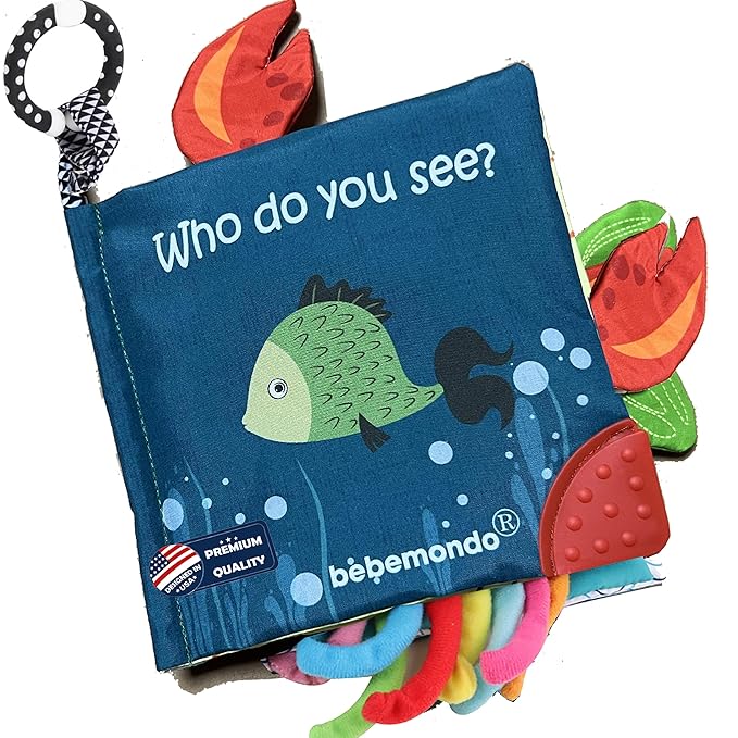 Fish Baby Book 0-6 Months,Touch Feel Cloth Crinkle Books for Babies,Infant Baby Toys 6-12 Months,Learning Education Soft Sensory Mirror Toy,Shower Gifts Easter for Boys Girls-Teether