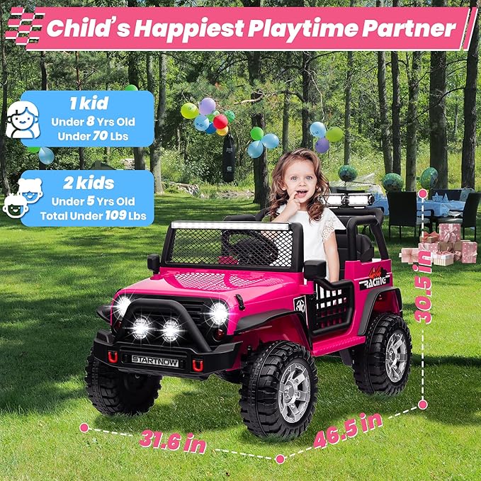 24V 4WD Ride on Truck Car w/800W Motors, Gift Flower, Remote Control, 2 Seaters, Light Bar, 3 Speeds, Pop Music, Power Four Wheels, 24 Volt Ride on Toy Car for Big Kids, Rose Red