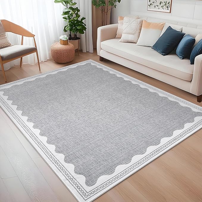 Scalloped Washable Rug 5x7 Area Rugs for Living Room, Solid Grey Rug for Bedroom Girls, Non Slip Scalloped Rug Throw Rugs with Rubber Back, Soft Dorm Nursery Low Pile Carpet for Dining Room