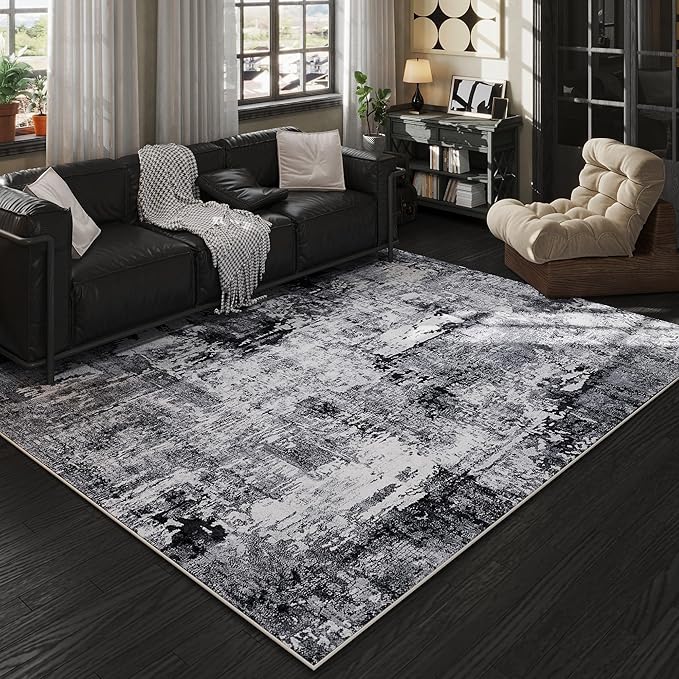 6x9 Rug Washable Bedroom Rug Large Soft Area Rug Abstract Pattern Non-Slip Faux Wool Vintage Rug for Living Room, Farmhouse, Dining Room, Kids Playroom, Grey and Black