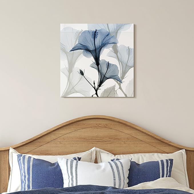 Empire Art Direct Frameless Free Floating Tempered Glass Panel Graphic Wall Art Ready to Hang, 24" x 24", Blue X-ray Floral, Flower wall art