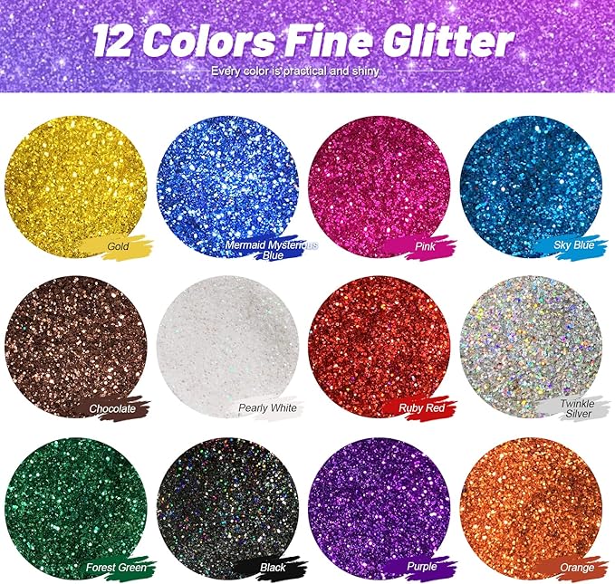 FANDAMEI 12 Pieces Fine Glitter, 12 Colors 10g Glitter Shake Jar Set, Extra Fine Glitter Powder for Arts, Crafts, Painting, Decoration, Body Face Makeup, Nail Art, Pigment