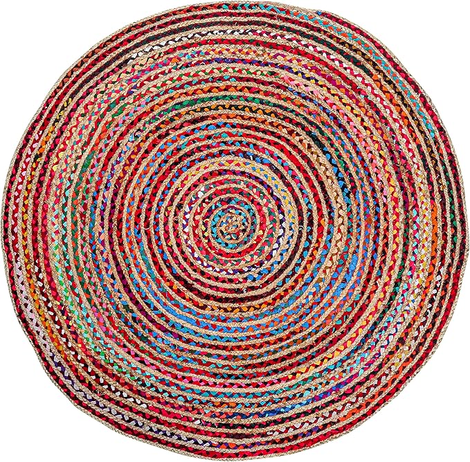3' Round Handwoven Jute Chindi Area Rug - Colorful Boho Rugs for Living Room - Hand Braided Multicolor Bohemian Rug for Farmhouse, Bedroom, Dining Room, Classroom, Hallway, Kitchen, Office