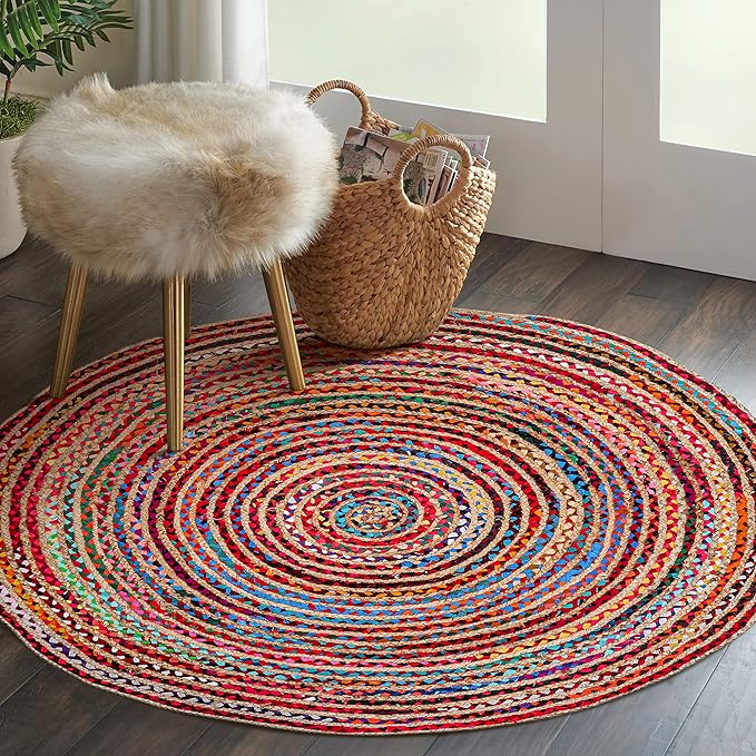 3' Round Handwoven Jute Chindi Area Rug - Colorful Boho Rugs for Living Room - Hand Braided Multicolor Bohemian Rug for Farmhouse, Bedroom, Dining Room, Classroom, Hallway, Kitchen, Office