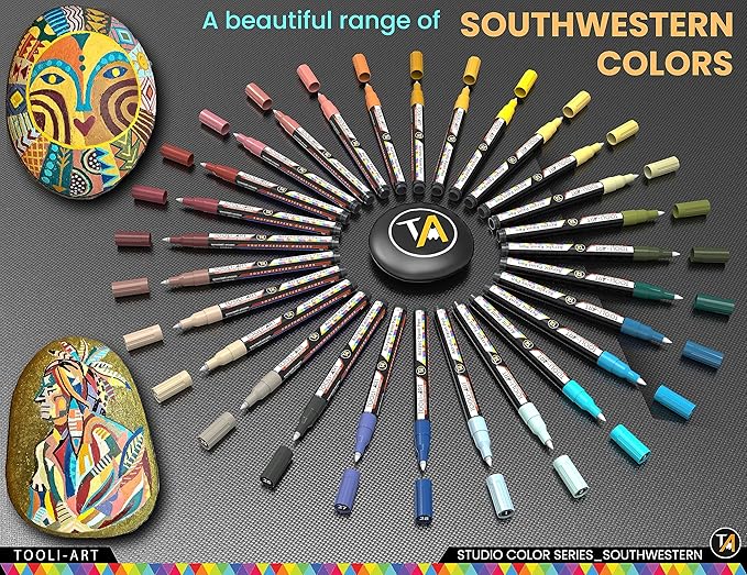 28 Southwestern Colors Acrylic Paint Pens Studio Color Series Markers Set 0.7mm Extra Fine Tip, Rock Painting, Glass, Mugs, Wood, Metal, Canvas, DIY, Detailing. Non Toxic, Waterbased, Quick Drying