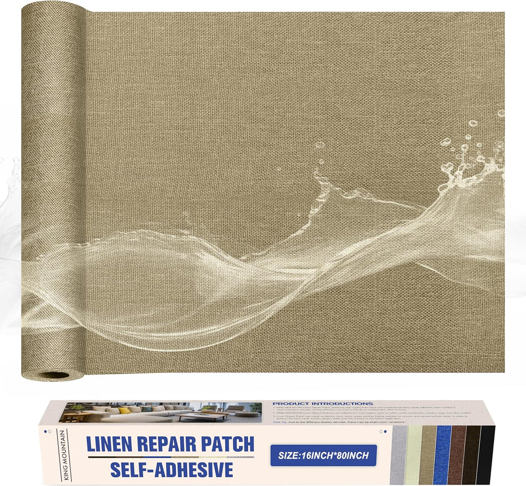 KING MOUNTAIN Linen Repair Patches, Self-Adhesive Linen Fabric Patches,16X80 inch Extra Size, Multi Color, Can be Used for Linen Sofa Repair and Linen Clothes Repair (Flaxen)