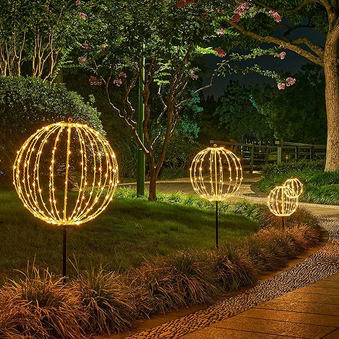 LIGHTSHARE 16IN 128LED Light Ball Yard Decoration Pathway Lights Sphere Light with Fold Flat Metal Frame Indoor Outdoor Waterproof Garden Lights, Plug in