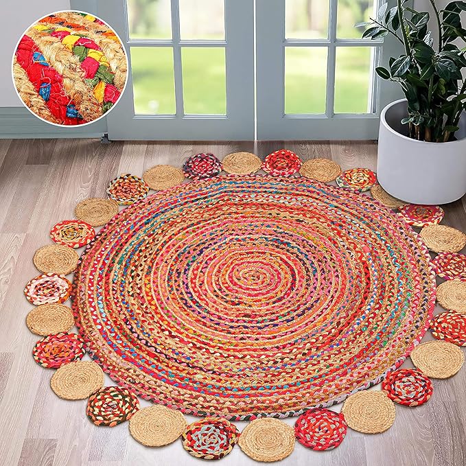6' Round Handwoven Jute Chindi Area Rug - Colorful Boho Rugs for Living Room - Hand Braided Multicolor Bohemian Rug for Farmhouse, Bedroom, Dining Room, Classroom, Hallway, Kitchen, Office
