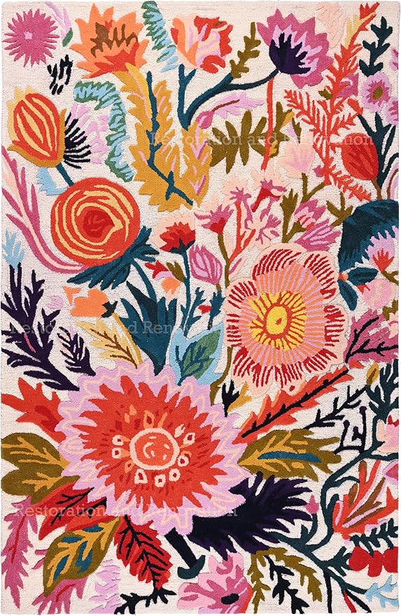 Handmade Wool Floral Area Rug for Living Room | Elegant Flower Garden Design, Soft, Thick and Durable | Bedroom, Dining Room & Home Decor Carpet (2.6' x 8', Floral E)