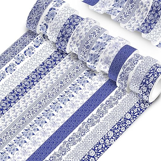 12 Pcs blue and white porcelain Washi Tape Maple Leaf Print Masking Tape Pumpkin Pattern Decorative Paper Sticker for Fall Party Holiday Scrapbook DIY Craft Gift Wrapping Handbook Sticker