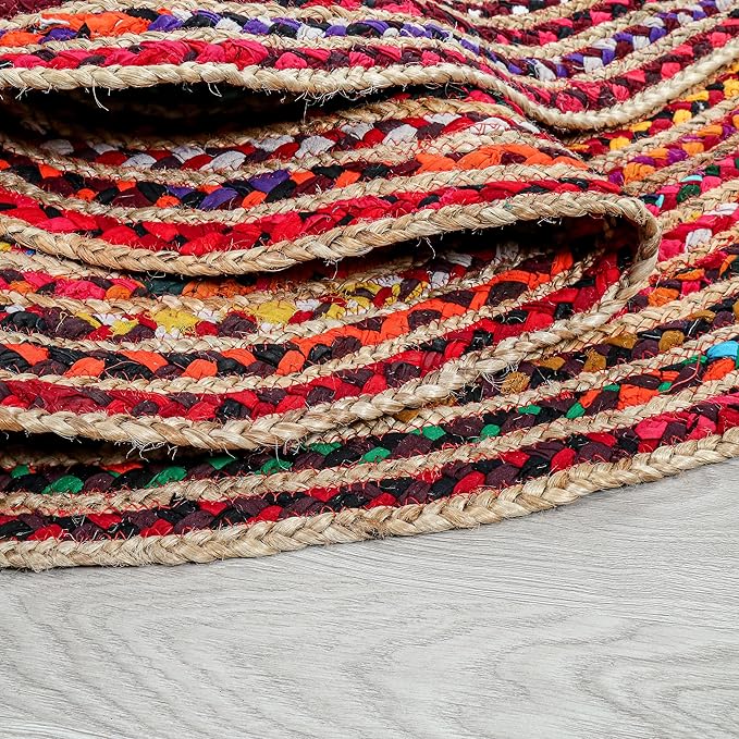 5' Round Handwoven Jute Chindi Area Rug - Colorful Round Boho Rugs for Living Room - Hand Braided Multicolor Bohemian Rug for Farmhouse, Bedroom, Dining Room, Classroom, Hallway, Kitchen
