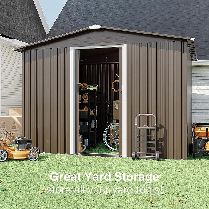 8FT x 6FT Outdoor Storage Shed, Waterproof, Lockable Door Metal Tool Shed with Sliding Door and Air Vents, Storage House for Gardening Tools, Metal Storage Shed for Garden, Backyard, Lawn