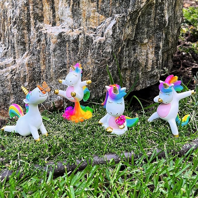 Mood Lab Miniature Unicorn Figurines Set - Funny Mini Statue Kit of 4 pcs - Unicorn Fairy Garden Accessories