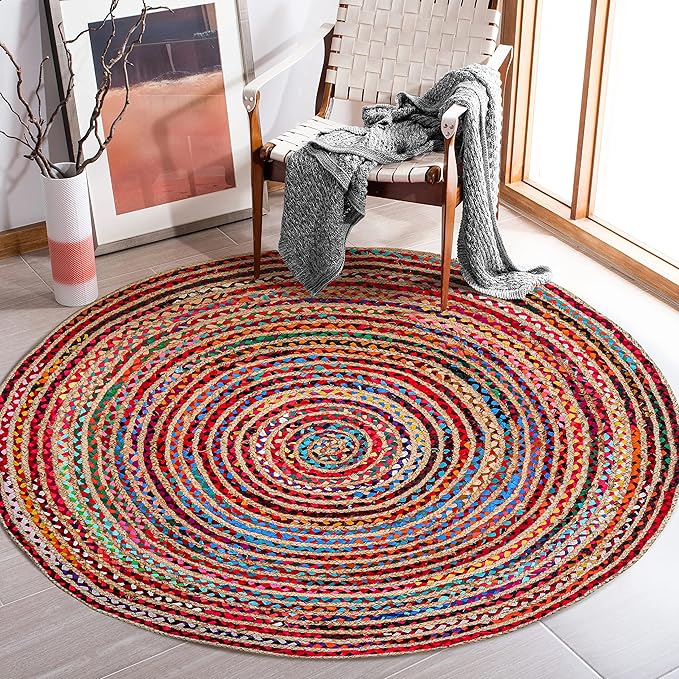 3' Round Handwoven Jute Chindi Area Rug - Colorful Boho Rugs for Living Room - Hand Braided Multicolor Bohemian Rug for Farmhouse, Bedroom, Dining Room, Classroom, Hallway, Kitchen, Office
