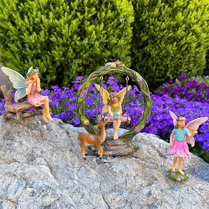 Mood Lab Fairy Garden Kit - Swing Set of 6 pcs Miniature Figurines & Accessories - Hand Painted for Outdoor or House Decor