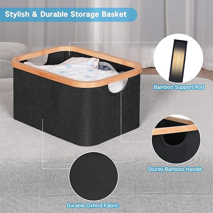 efluky Storage Baskets for Organizing, Fabric Storage Bins with Bamboo Handles, Collapsible Storage Baskets for Shelves and Closet, Black Set of 2