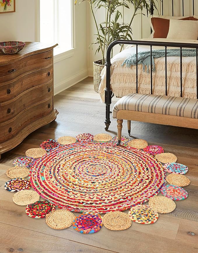 4' Round Handwoven Jute Chindi Area Rug - Colorful Boho Rugs for Living Room - Hand Braided Multicolor Bohemian Rug for Farmhouse, Bedroom, Dining Room, Classroom, Hallway, Kitchen, Office