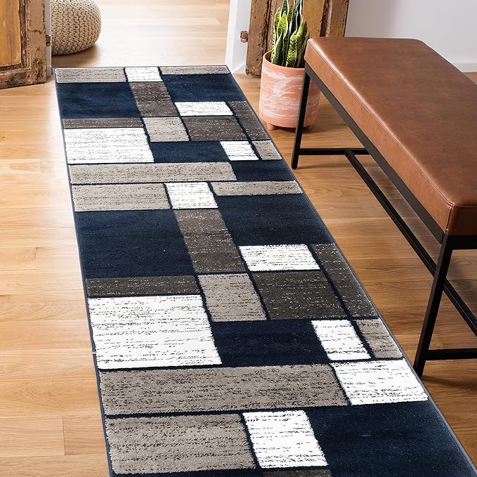 Rugshop Contemporary Modern Boxes Runner Rug 2' x 7'2"Navy