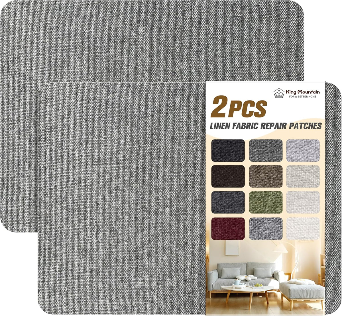 KING MOUNTAIN Coarse Linen Repair Patches, Self-Adhesive Linen Fabric Patches, 8X11 inch 2 PCS, Multi Color, Can be Used for Linen Sofa Repair and Linen Clothes Repair(8" x 11"-2PCS, Smoky Grey)