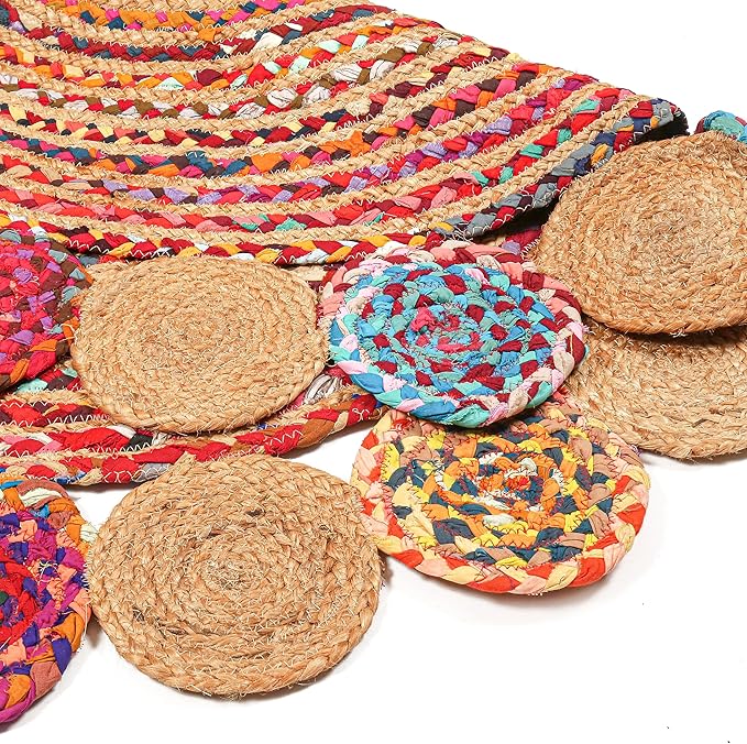 4' Round Handwoven Jute Chindi Area Rug - Colorful Boho Rugs for Living Room - Hand Braided Multicolor Bohemian Rug for Farmhouse, Bedroom, Dining Room, Classroom, Hallway, Kitchen, Office