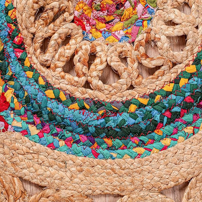 3' Round Handwoven Jute Chindi Area Rug - Colorful Boho Rugs for Living Room - Hand Braided Multicolor Bohemian Rug for Farmhouse, Bedroom, Dining Room, Classroom, Hallway, Kitchen, Office