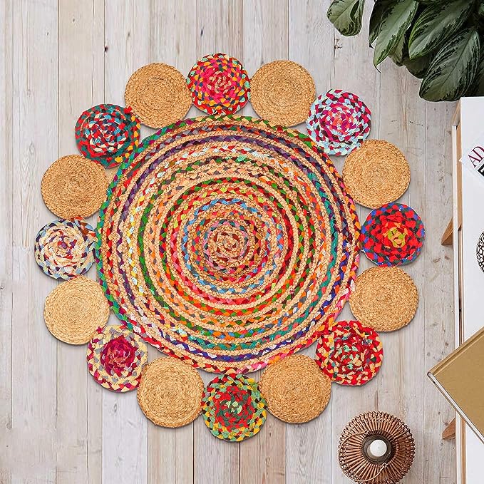 3' Round Handwoven Jute Chindi Area Rug - Colorful Boho Rugs for Living Room - Hand Braided Multicolor Bohemian Rug for Farmhouse, Bedroom, Dining Room, Classroom, Hallway, Kitchen, Office
