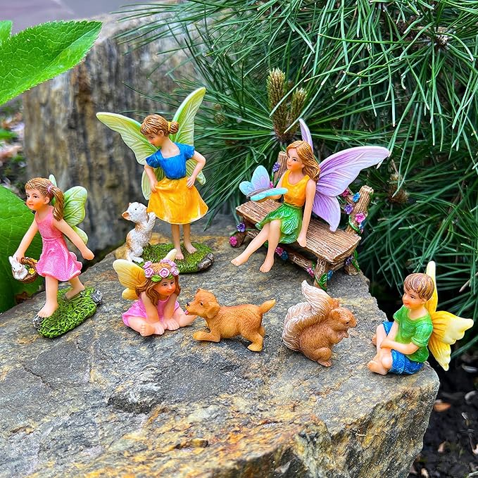 Mood Lab Fairy Garden - Miniature Fairies Figurines with Animals - Statues & Accessories Decor Set of 8 pcs