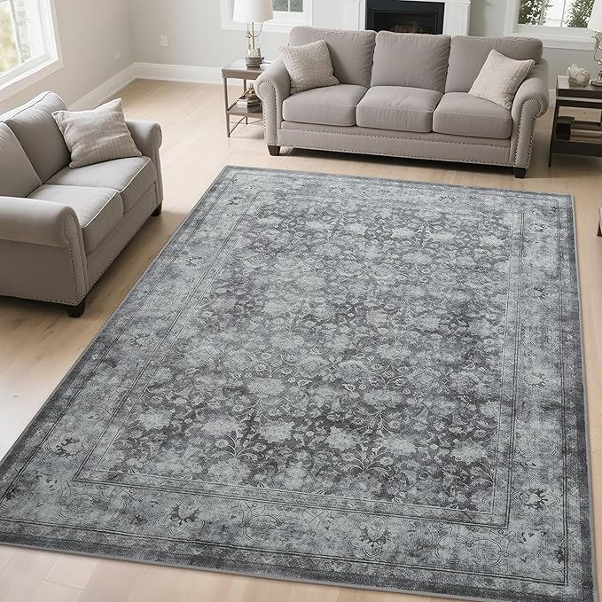 5x7 Washable Area Rug for Living Room, Non Slip Vintage Floral Rugs for Bedroom, Retro Indoor Floor Carpet for Kitchen, Dining Room, Farmhouse, Classroom (Distressed Grey)