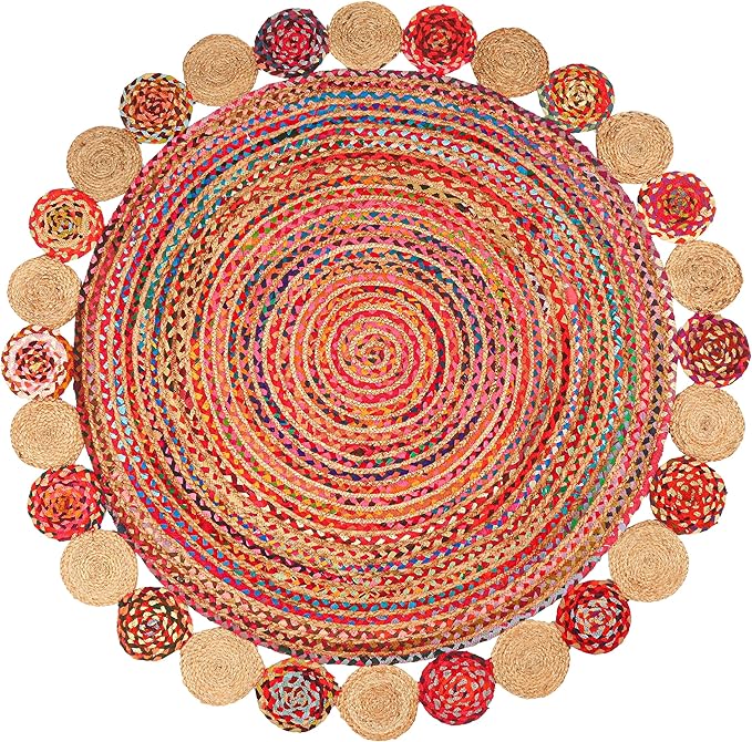 6' Round Handwoven Jute Chindi Area Rug - Colorful Boho Rugs for Living Room - Hand Braided Multicolor Bohemian Rug for Farmhouse, Bedroom, Dining Room, Classroom, Hallway, Kitchen, Office