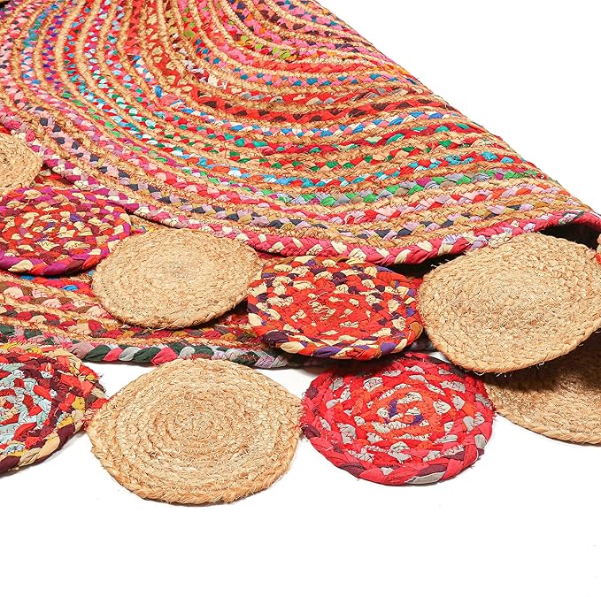 5' Round Handwoven Jute Chindi Area Rug - Colorful Boho Rugs for Living Room - Hand Braided Multicolor Bohemian Rug for Farmhouse, Bedroom, Dining Room, Classroom, Hallway, Kitchen, Office