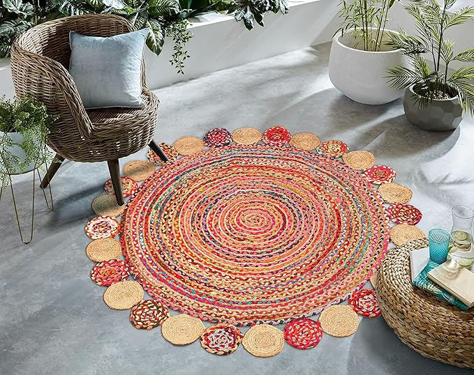 5' Round Handwoven Jute Chindi Area Rug - Colorful Boho Rugs for Living Room - Hand Braided Multicolor Bohemian Rug for Farmhouse, Bedroom, Dining Room, Classroom, Hallway, Kitchen, Office