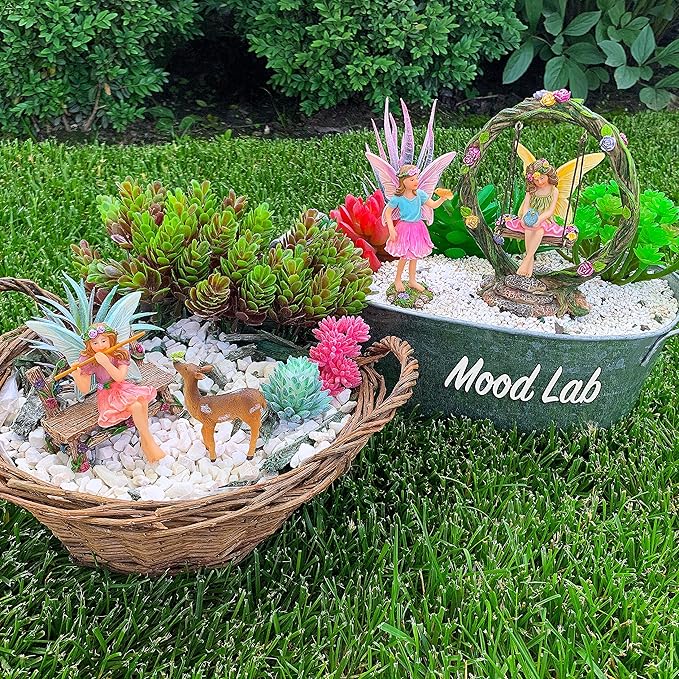 Mood Lab Fairy Garden Kit - Swing Set of 6 pcs Miniature Figurines & Accessories - Hand Painted for Outdoor or House Decor